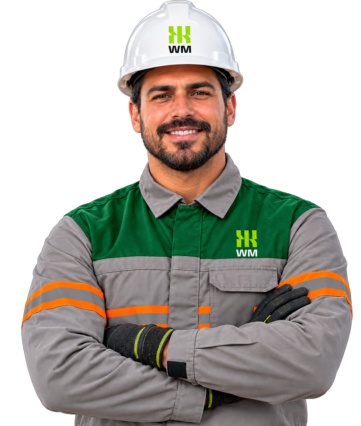 Colaborador do Grupo WM de capacete e uniforme de segurança